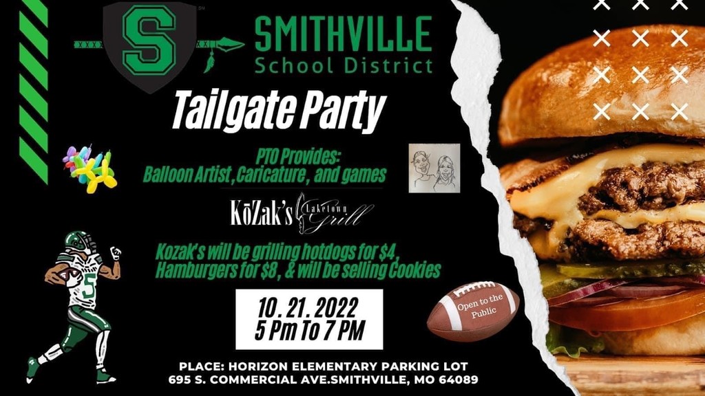tailgate party flyer, cheeseburger an football player