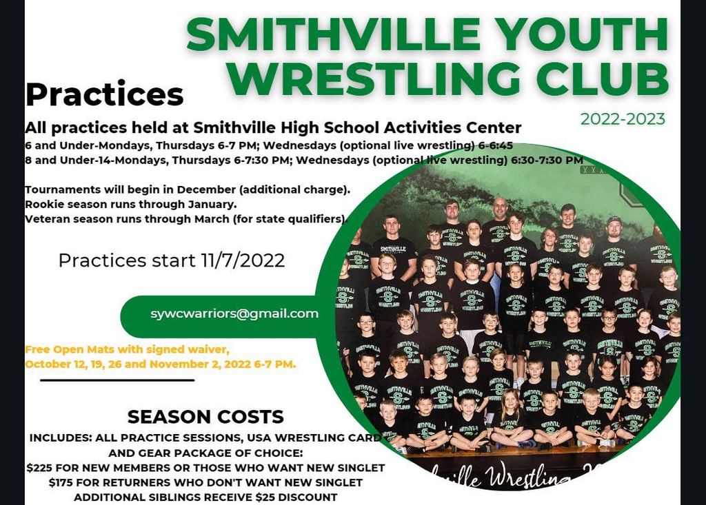 Green and black text, youth wrestling flyer, image of wrestling team