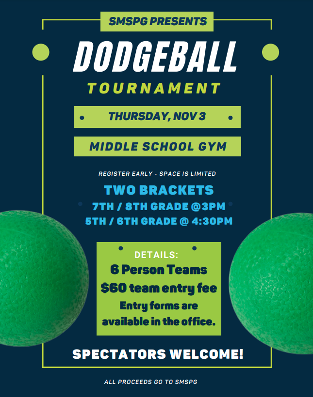 Dodgeball text, green dodgeballs, blue background
