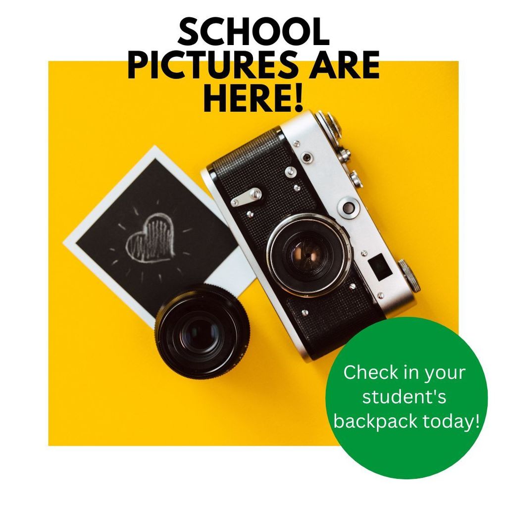 camera, polaroid, yellow background with text about school pictures