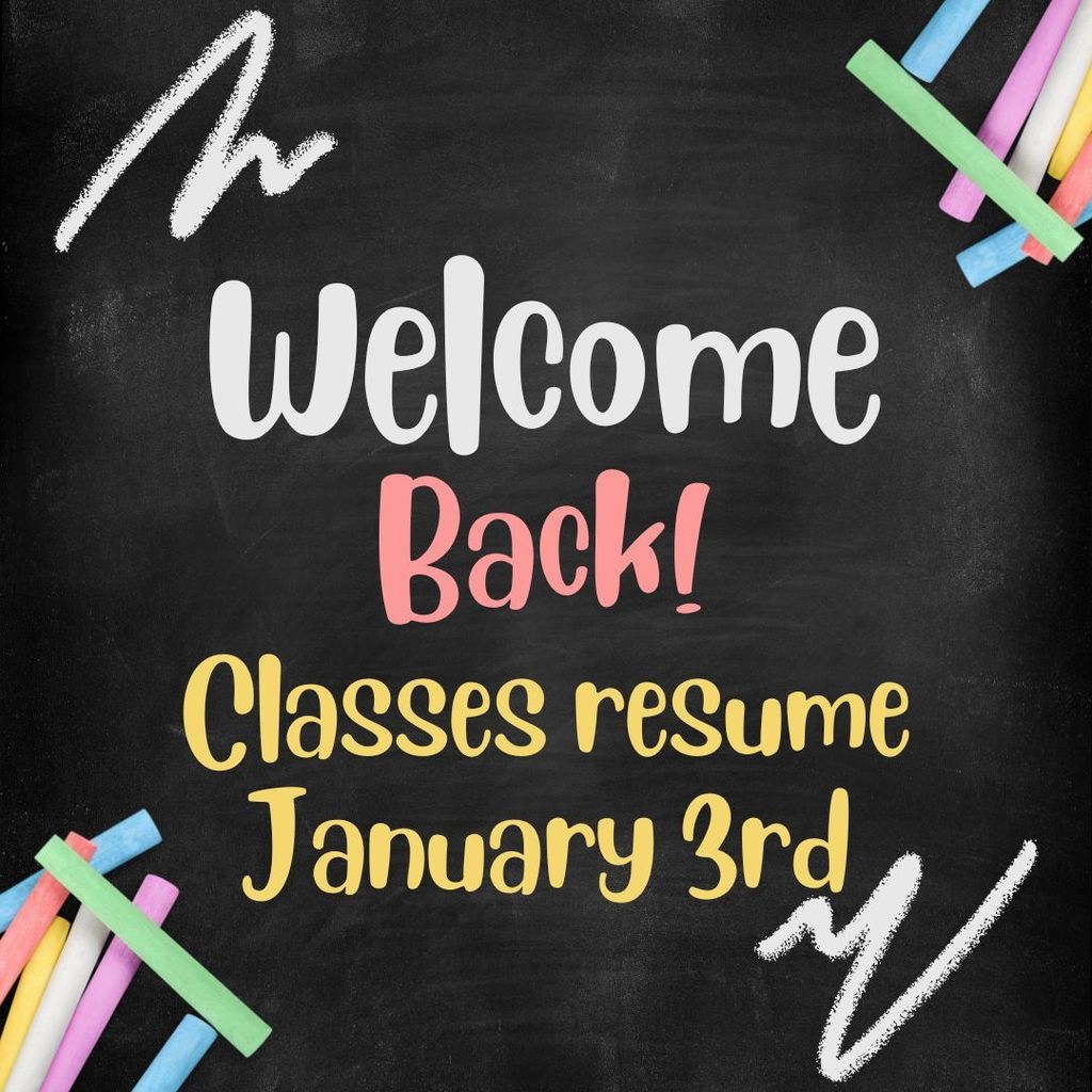 chalk board, chalk, white pink yellow text, welcome back classes rewume january 3d