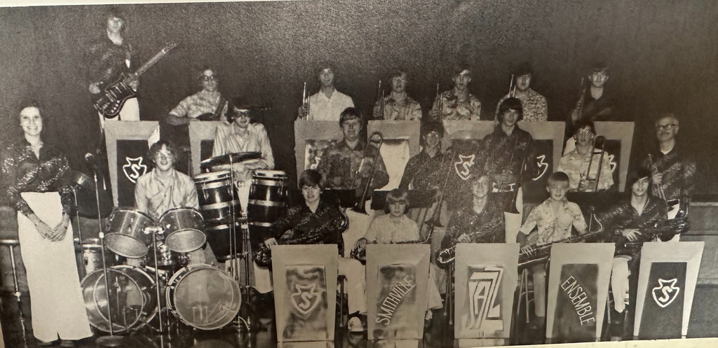 1977 stage band poses for picture