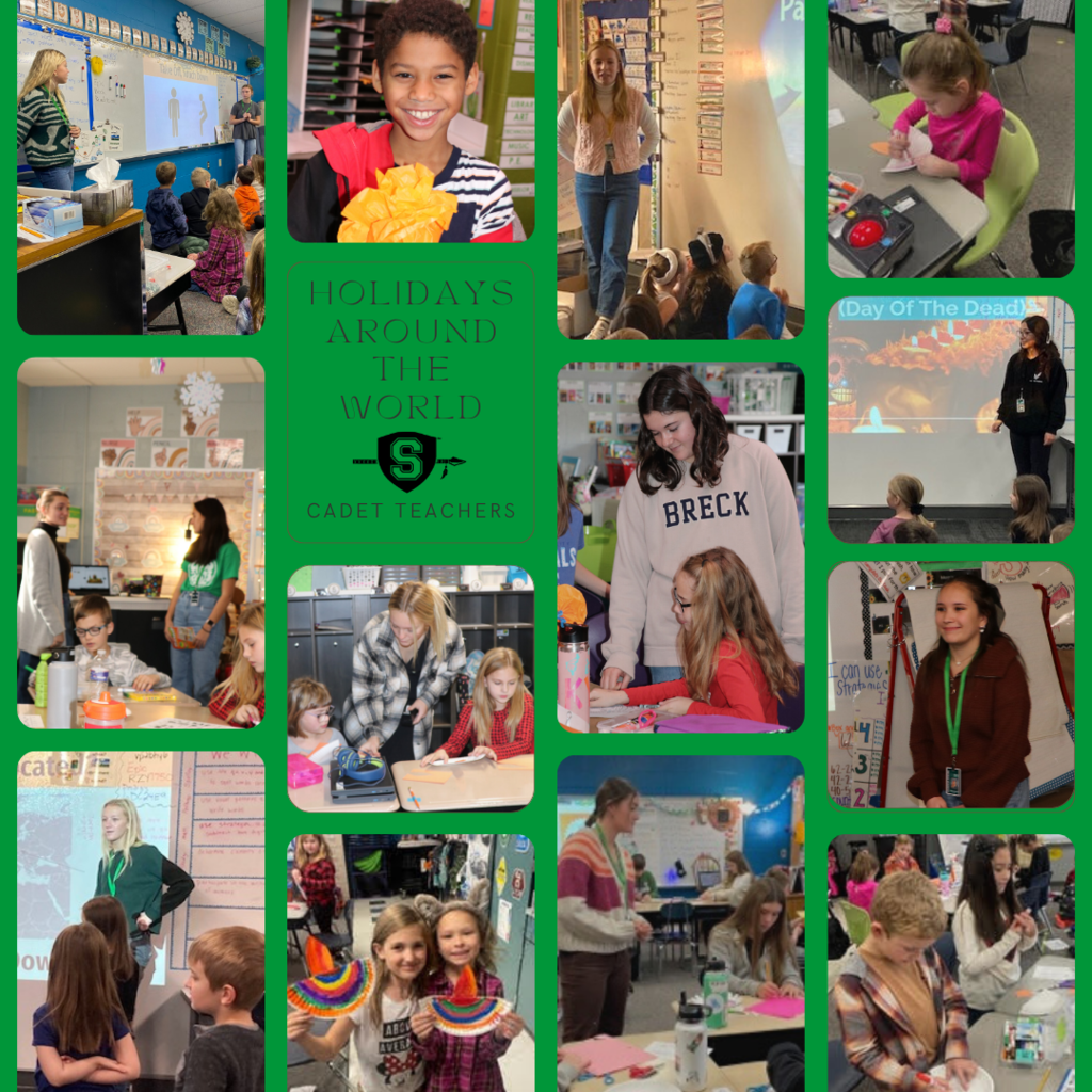 Collage of cadet teachers working with elementary students. Holidays around the world - cadet teachers
