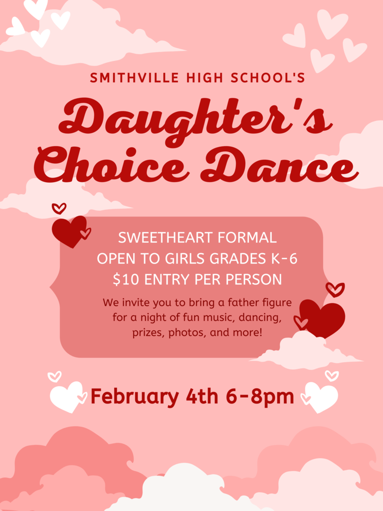 Pink background with hearts, red font daughters choice dance, text box with text about dance