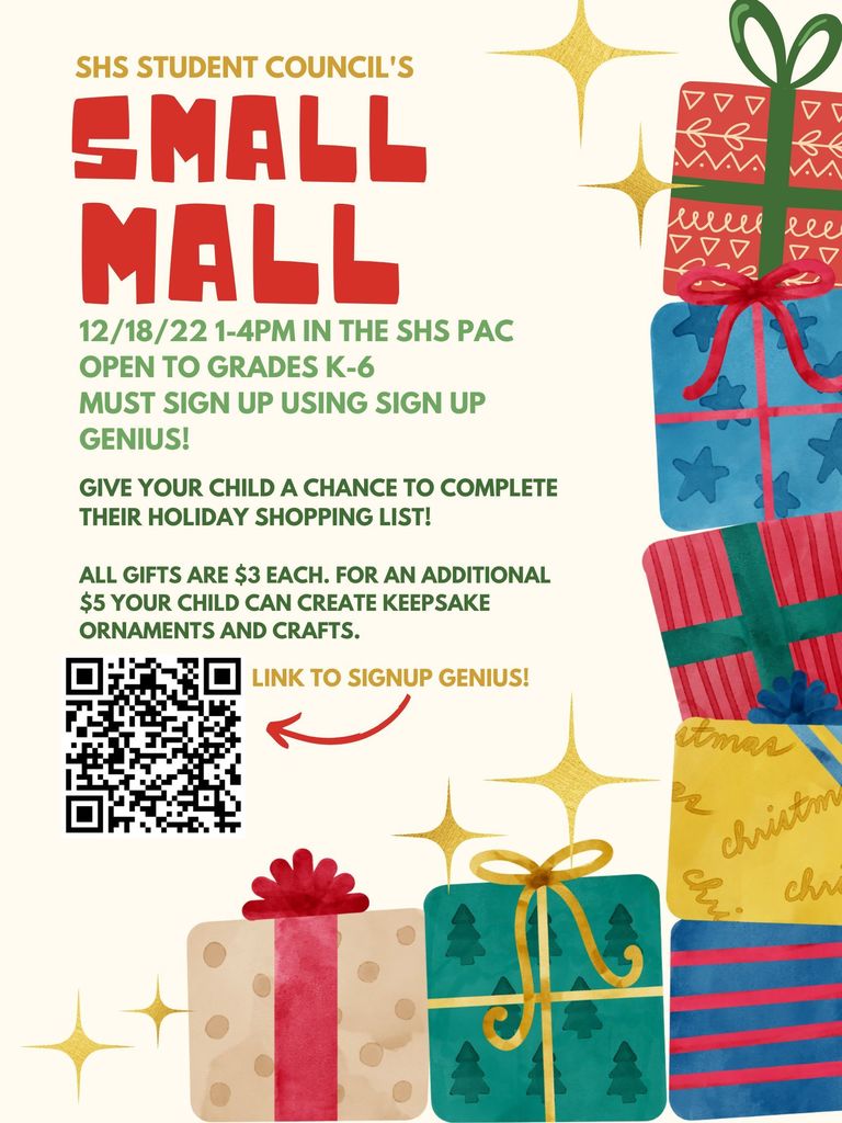 gift boxes, text about small mall, qr code