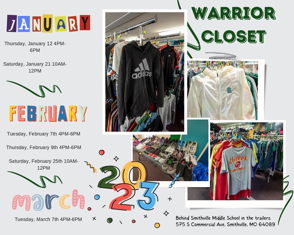 Warrior Closet Flyer,  pictures of clothes, text with dates 