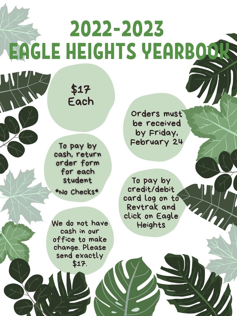 22-23 Yearbook order form flyer, images of leaves and text regarding yearbook price and order info