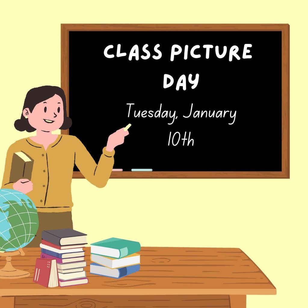 chalk board , on yellow background, image of teacher and books. Class Picture day text