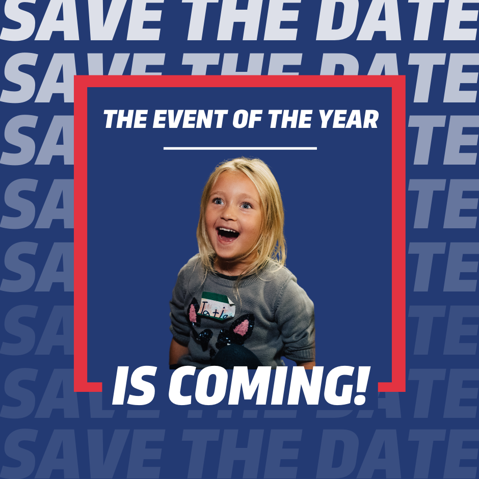 Save the date text on blue background, image of child smiling