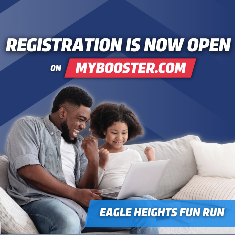 blue background, image of adult and child at a computer, text about registration for eagle heights fun run