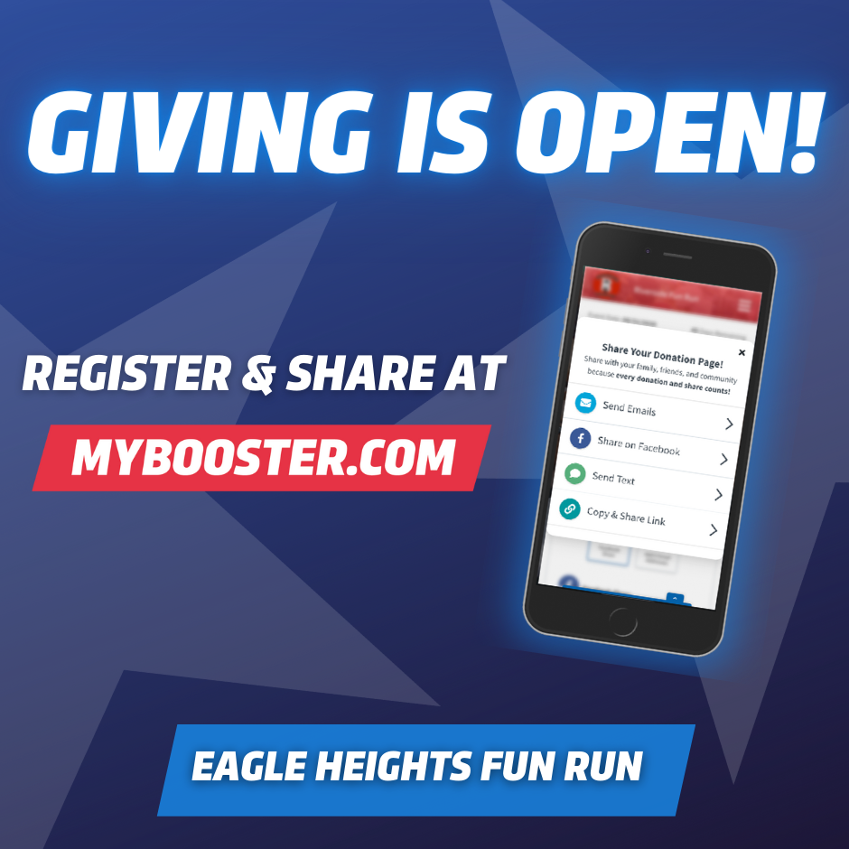 Blue background with stars, Image of phone, eagle heights fun run text