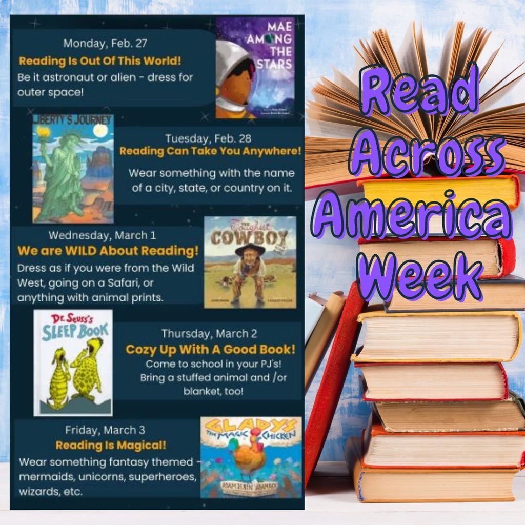 Image of books, read across america text, image of books and dress up days