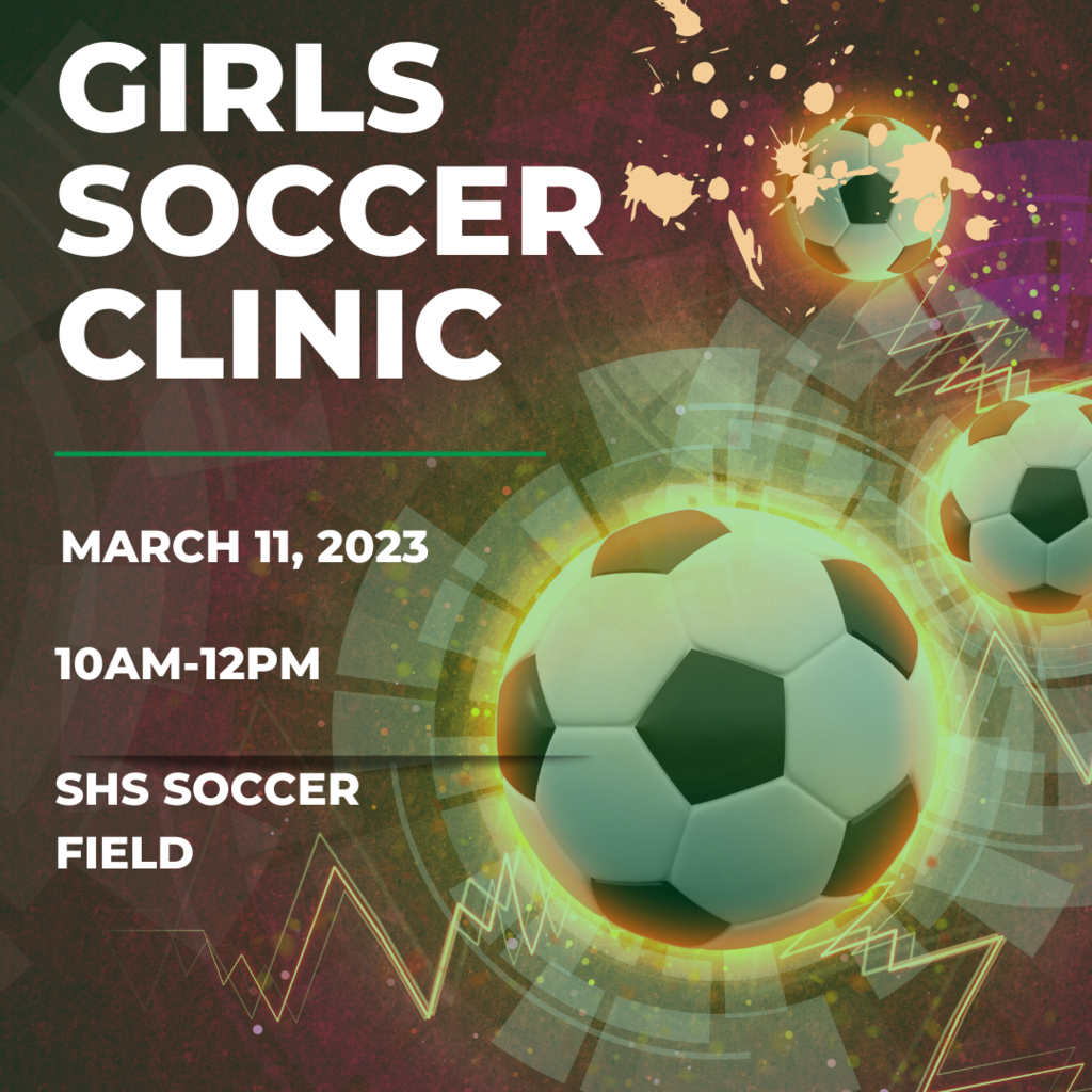 Soccer ball, text about girls soccer clinic 