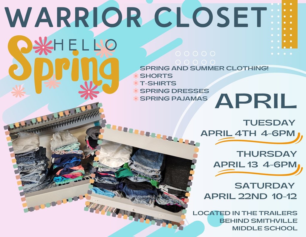 Warrior Closet flyer, pink and blue background, images of clothes