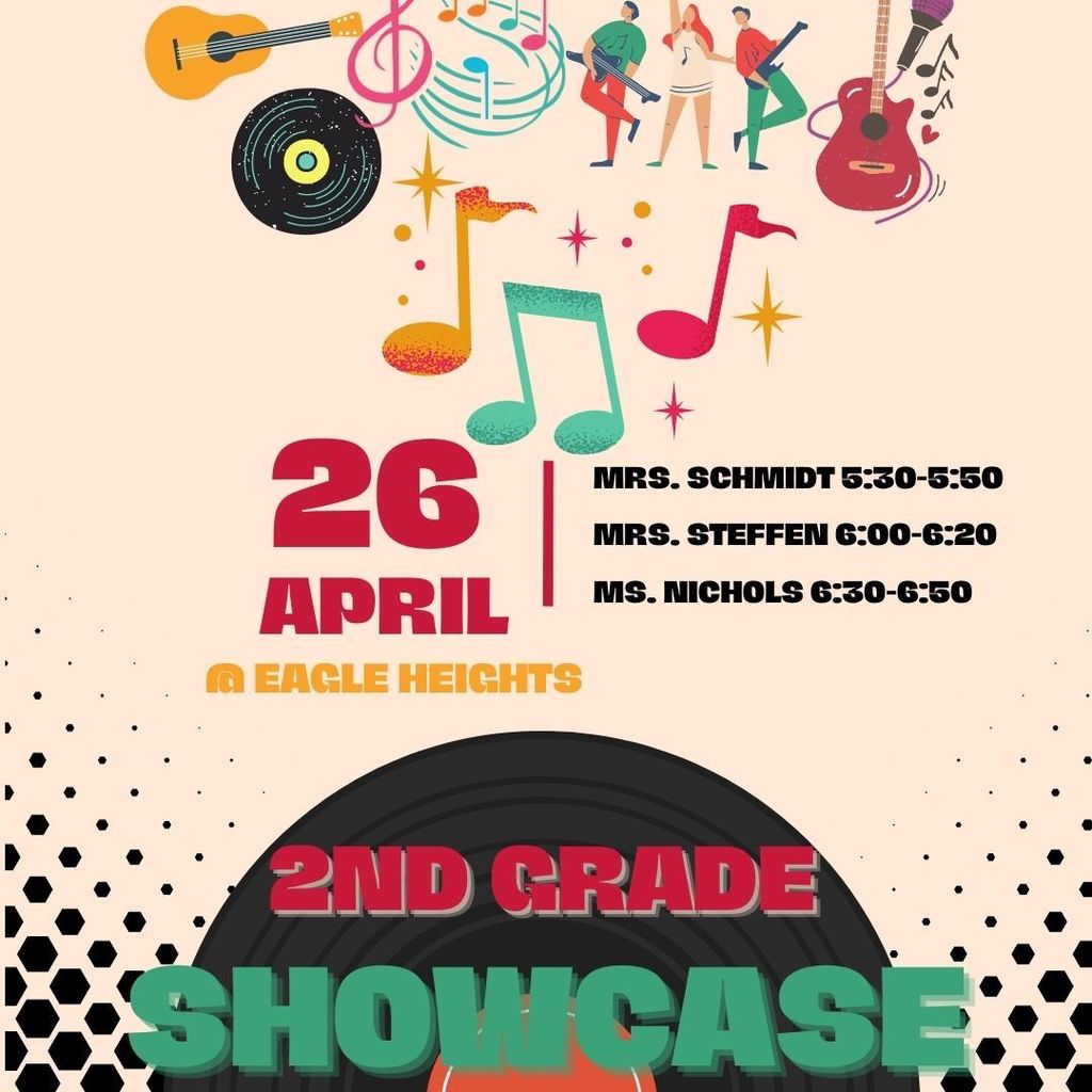 music concert flyer, text about 2nd grade showcase, images of people, record and music notes