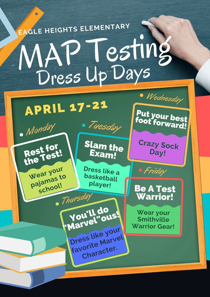 Map testing dress up days flyer, images of books