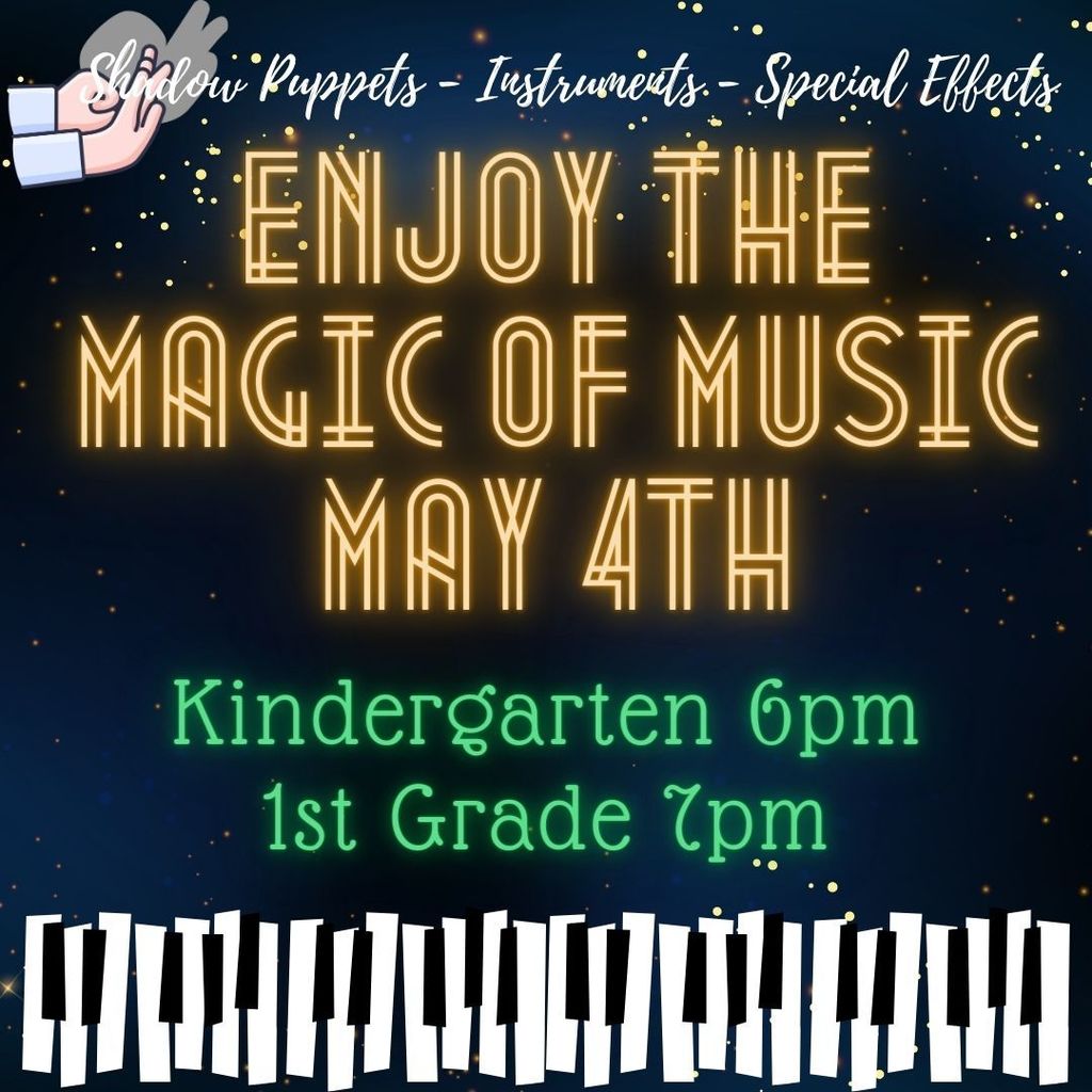 music concert flyer, magic of music may 4th, image of shadow puppets
