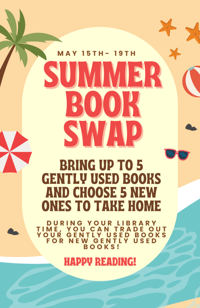Summer Book Swap flyer, imags of a beach, palm tree and ocean