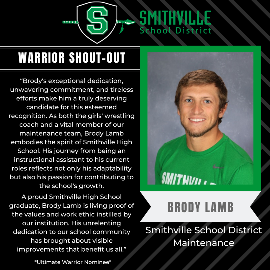 "I am thrilled to submit this nomination for Mr. Brody Lamb for the prestigious Ultimate Warrior Award at Smithville High School. Brody's exceptional dedication, unwavering commitment, and tireless efforts make him a truly deserving candidate for this esteemed recognition.  As both the girls' wrestling coach and a vital member of our maintenance team, Brody Lamb embodies the spirit of Smithville High School. His journey from being an instructional assistant last year to his current roles reflects not only his adaptability but also his passion for contributing to the school's growth.  Brody's unique perspective, having worked closely with teachers during his time as an instructional assistant, grants him invaluable insights into the needs of our educators and students. He uses this knowledge to enhance the overall learning environment at Smithville High School.  A proud Smithville High School graduate, Brody Lamb is living proof of the values and work ethic instilled by our institution. His unrelenting dedication to our school community has brought about visible improvements that benefit us all.  By nominating Brody Lamb for the Ultimate Warrior Award, we acknowledge his outstanding contributions and the positive impact he has had on Smithville High School. His journey through the Smithville wrestling program has taught him the value of hard work, perseverance, and teamwork – qualities that define the true essence of an Ultimate Warrior.  It is with great honor and enthusiasm that I nominate Brody Lamb for the Ultimate Warrior Award. I believe he represents the very best of our school community, and this recognition would be a fitting testament to his dedication and selflessness.  Thank you for considering this nomination, and for recognizing the exceptional individuals who make Smithville High School a remarkable place for learning and personal growth."